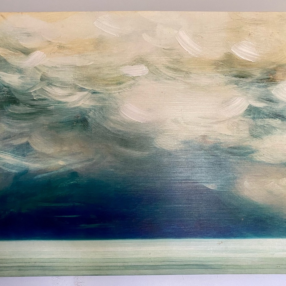 This print on canvas is beautiful and serene. Calm blues and greens. Like new.